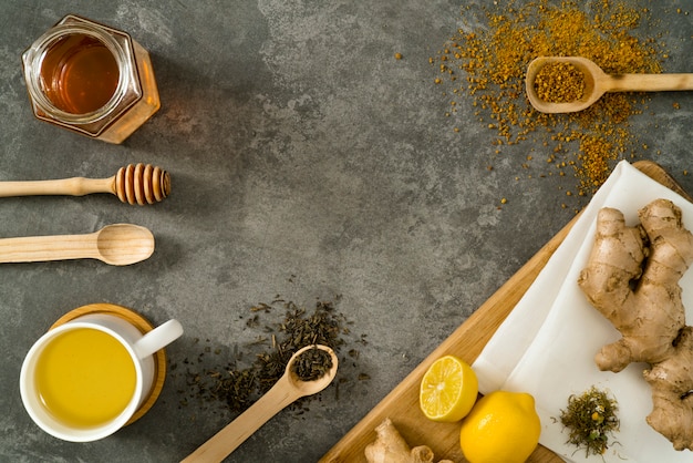 Materials to prepare ginger tea with honey and pollen