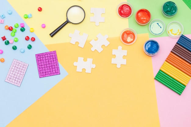 Materials used for kids crafts, art, experiments and education. Flat lay. Creativity for kids. Top view