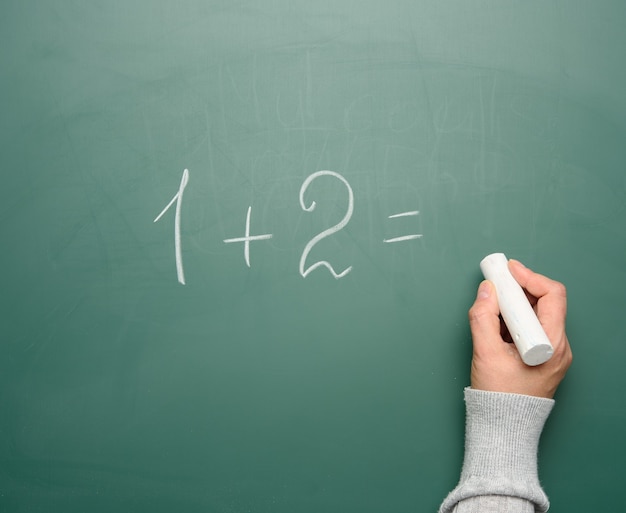 Math example written in white chalk on a green chalk board and a woman's hand with white chalk, one plus two