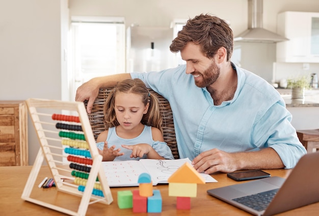 Math school work and family learning for education together working on knowledge and help with project at table in house Girl and father counting on fingers with books and studying in home