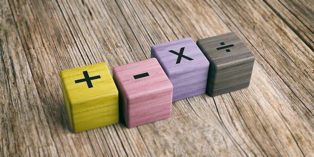 Math symbols on wooden blocks 3d illustration