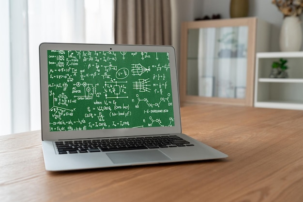 Mathematic equations and modish formula on computer screen showing concept of science and education