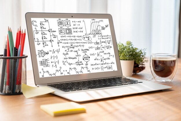 Foto equazioni matematiche e formule alla moda sullo schermo del computer che mostrano il concetto di scienza e istruzione