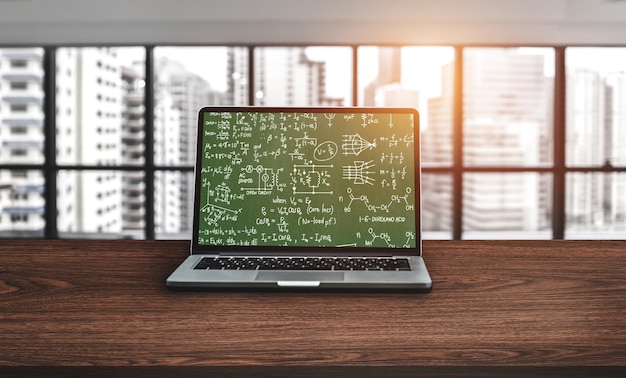 Photo mathematic equations and modish formula on computer screen showing concept of science and education