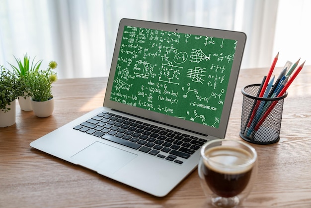 Photo mathematic equations and modish formula on computer screen showing concept of science and education