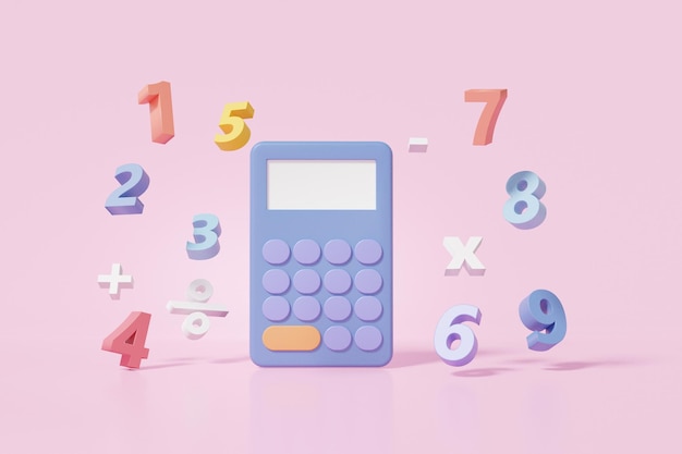 Mathematic learning education concept Calculator and basic math operation symbols math plus minus multiplication number divide on pink background minimal cartoon style 3d render