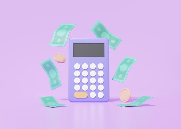 Mathematic learning finance education concept Calculator with banknote and coins floating on purple background plus minus multiplication minimal cartoon 3d rendering