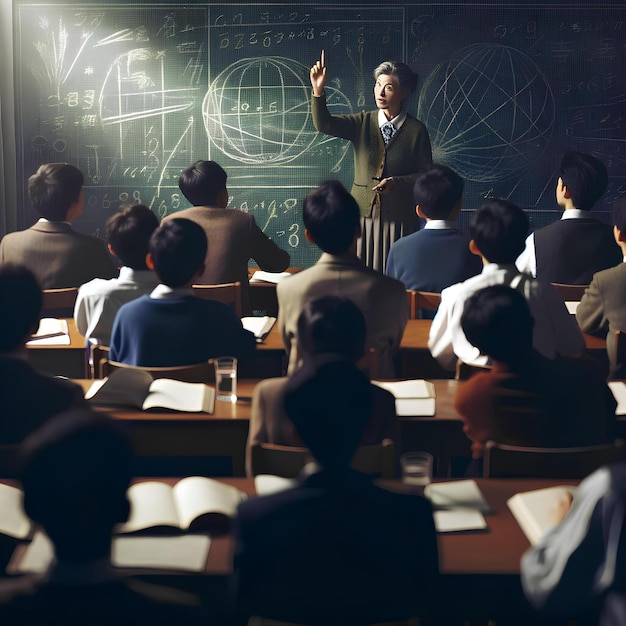 Mathematics lesson with a female teacher in a vintage classroom