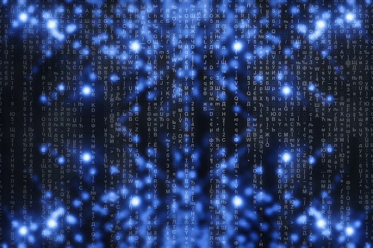 Photo matrix on blue digital . characters fall down. stream symbols. shiny virtual reality with copyspace. sparkle backdrop. complex algorithm. falling letters and numbers. hacking computer.