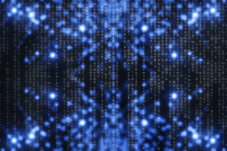 Photo matrix on blue digital . characters fall down. stream symbols. shiny virtual reality with copyspace. sparkle backdrop. complex algorithm. falling letters and numbers. hacking computer.