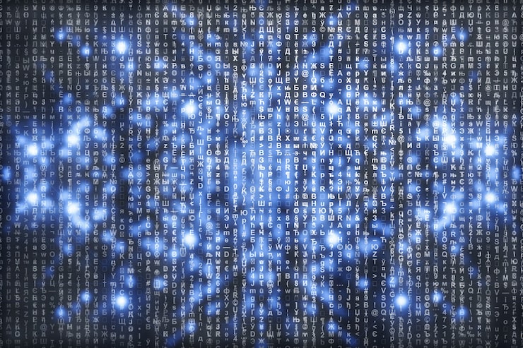 Photo matrix on blue digital . characters fall down. stream symbols. shiny virtual reality with copyspace. sparkle backdrop. complex algorithm. falling letters and numbers. hacking computer.