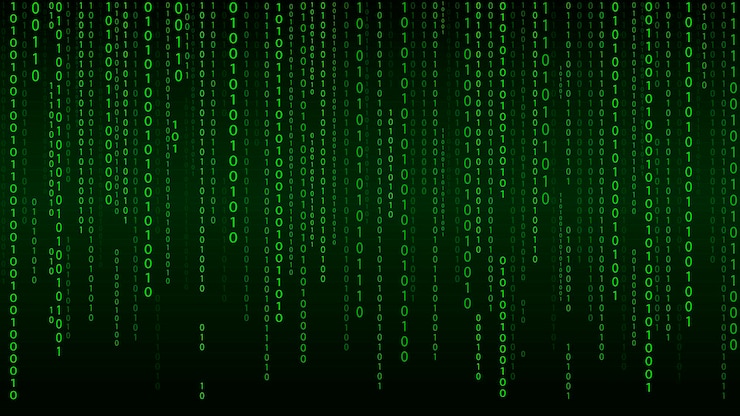 Photo matrix on vector background binary code green falling numbers on a dark background cyborg programming and hacking concept