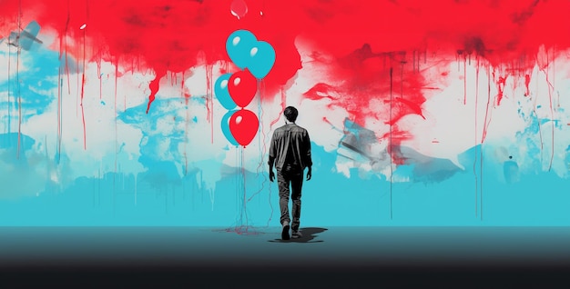 a matt aqua and neon blue and red marble background silhouette of a person with a red heart