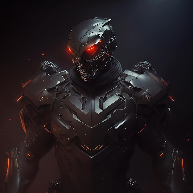 Matt black cyborg with red laser eyes