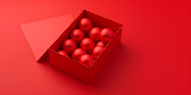 Matte red Christmas baubles in a red box with a detached lid on a red surface