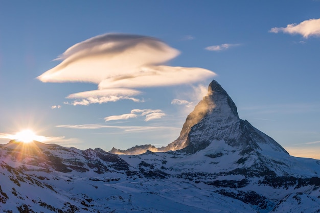 Matterhorn Mountain at Sunny Winter Evening. Sunset.