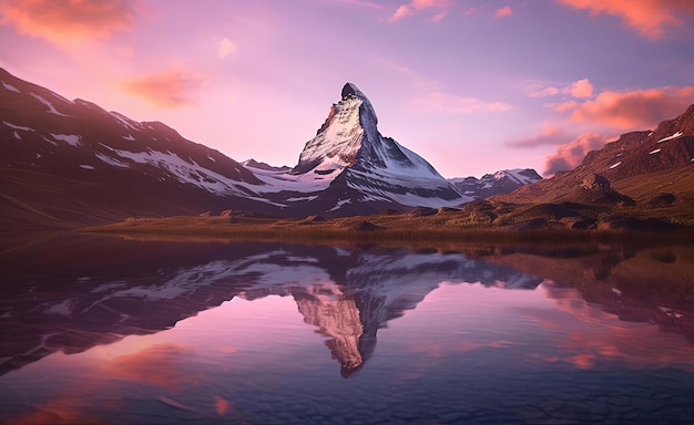 matterhorn reflected in water at a beautiful sunset in the style of light magenta and indigo