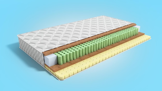 mattress in the cut 3d render on blue gradient background