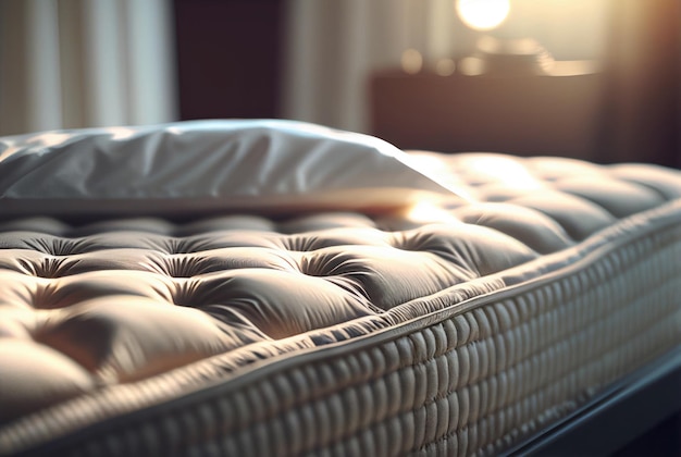 A mattress with a pillow on it in front of a window.