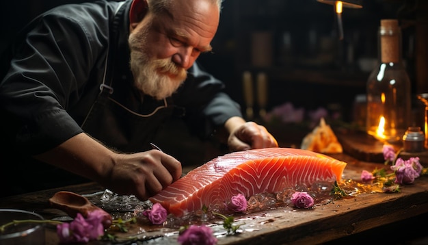 A mature adult chef preparing fresh seafood fillet on grill generated by artificial intelligence