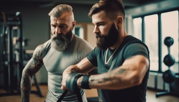 Mature adult holding dumbbell exercising for healthy lifestyle and wellbeing generated by AI