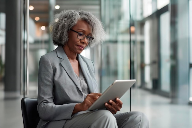 Foto donna d'affari africana matura in abito grigio seduta e che guarda il tablet digitale