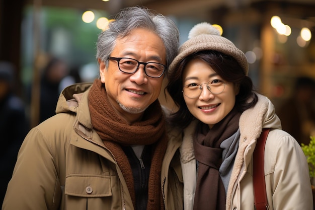 Mature asian couple celebrate at coffee bar Generative AI