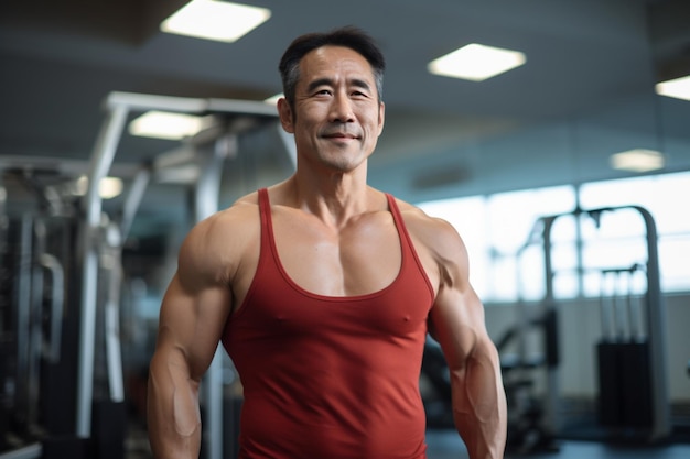 Mature Asian gym trainer in red tank top with excited expression