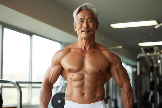 Mature Asian gym trainer with muscular chest with excited expression