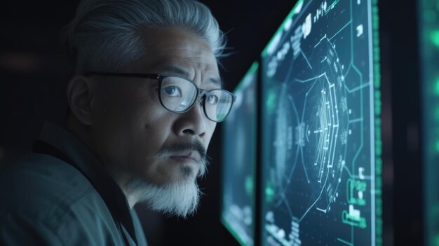 Зрелый азиатский мужчина с удивительным любопытством смотрит на голографический цифровой дисплей, футуристические технологические инновации Generative AI AIG20