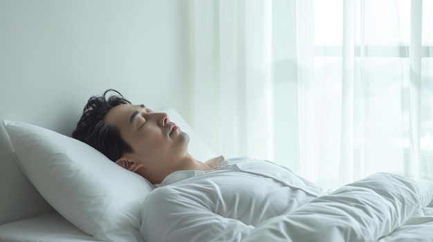 사진 성숙한 아시아 남자가 평온한 휴식을 취하며  침대와 부드러운 베개의 편안함을 포옹합니다.