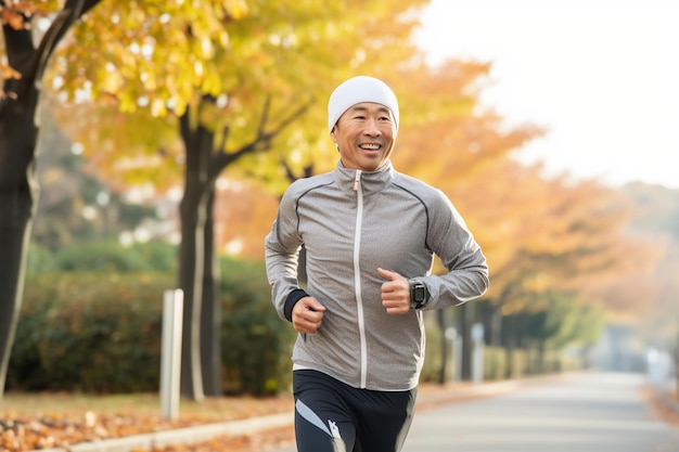 Mature asian man running at park in autumn Generative AI