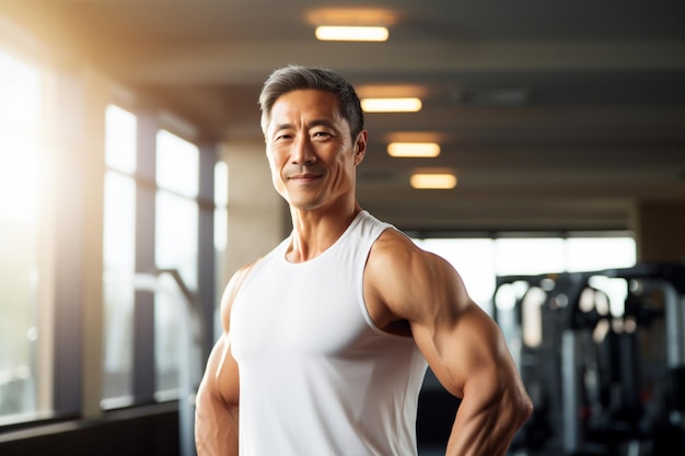 Mature Asian personal trainer in white tank top with excited expression