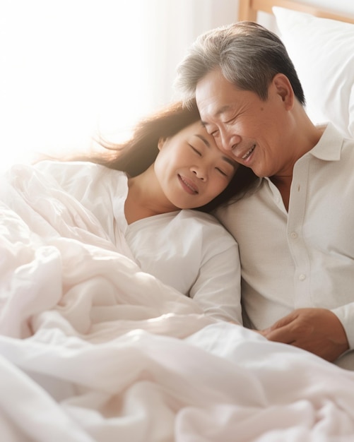 사진 담요로 덮힌 침대에서 자고 포옹하는 성숙한 아시아 로맨틱 커플