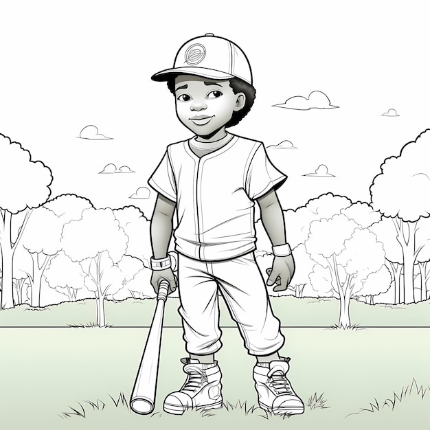 Mature athlete coloring page for kids american boy and a baseball bat