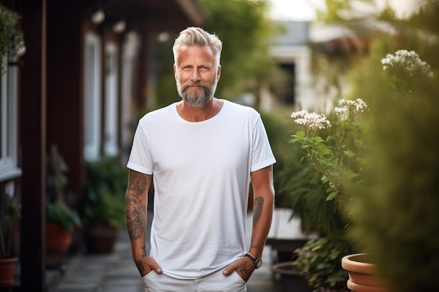 Mature bearded man on backyard of his house wearing plain white tshirt mock up print design