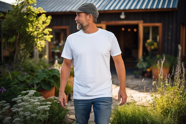 Photo mature bearded man on backyard of his house wearing plain white tshirt mock up print design