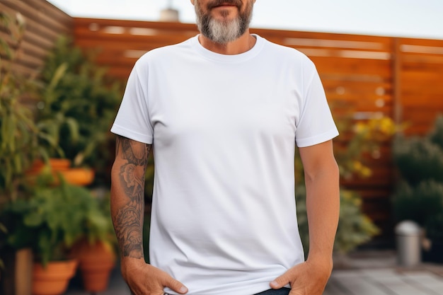 Photo mature bearded man on backyard of his house wearing plain white tshirt mock up print design