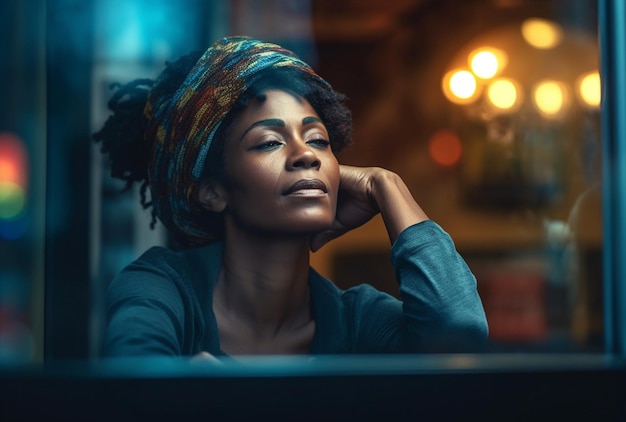 Photo a mature black woman sits at a window looking thoughtful and desperate