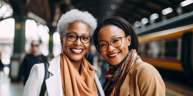 Mature black women are in railway station Beautiful illustration picture Generative AI