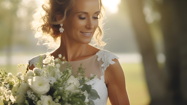 Photo mature blond bride in a white dress with flowers wedding portrait