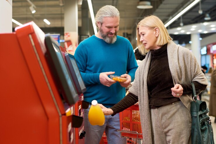 Photo mature blond female consumer scanning bottle of orange juice in terminal