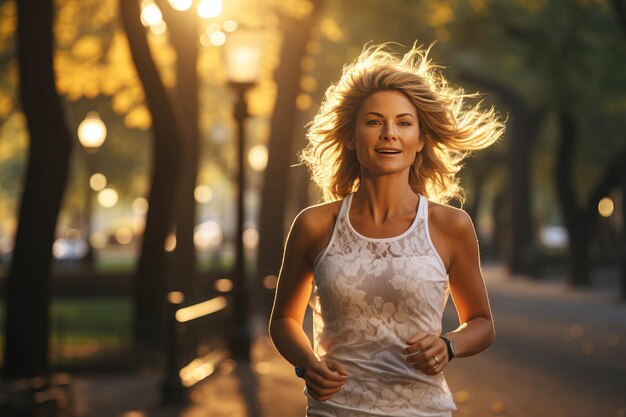 Donna bionda matura che fa jogging nel parco al tramonto