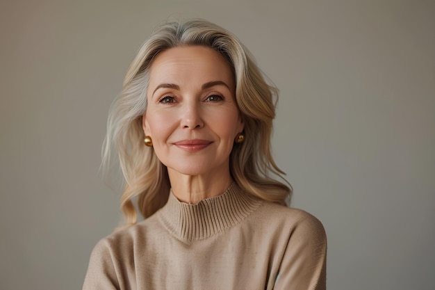 A mature blonde woman wearing a beige sweater in a portrait