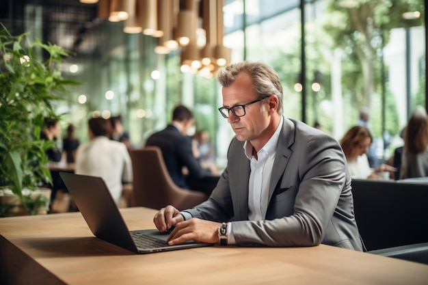 Mature Business Man Engaged with Laptop Generative Ai