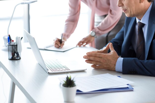 Mature businessman and businesswoman with laptop and documents working in office