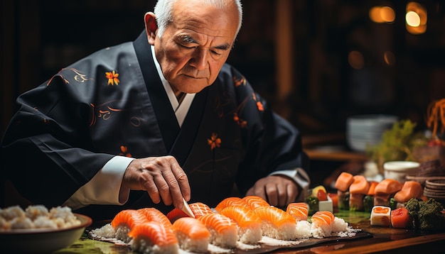 A mature businessman expertly holds a plate of fresh seafood generated by artificial intelligence