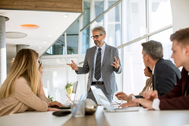 Mature businessman explaining strategy to group of multiethnic business people while working on new project