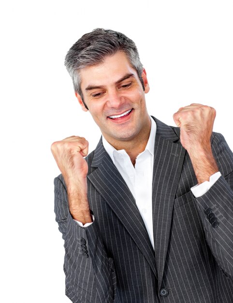 Photo mature businessman punching the air in celebration