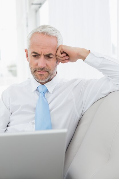 Mature businessman using laptop on sofa in living room